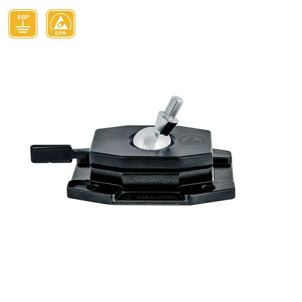 Czarny element konstrukcyjny z dźwignią i śrubą, przedstawiony na białym tle. W lewym górnym rogu widoczne są dwa żółte logotypy.