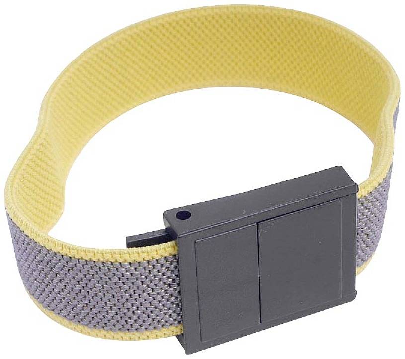 Bransoleta z żółtej i szarej tkaniny, z czarną prostokątną klamrą. Prawdopodobnie jest to opaska bezpieczeństwa.