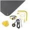 Zestaw uziemiający ze sprzętem uziemiającym, przewodem, opaską na nadgarstek i wtyczką w kolorach żółtym i czarnym. Akcesoria do uziemienia i odprowadzania ładunków elektrostatycznych.