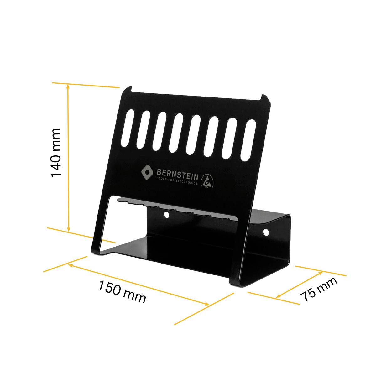 Czarny metalowy stojak z otworami, oznaczony napisem 'Bernstein', wymiary: 140 mm wysokości, 150 mm szerokości, 75 mm głębokości.