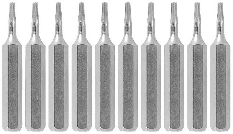 Dziesięć identycznych grotów wkrętaka Torx w rzędzie. Są metalowe, z sześciokątną podstawą i gwiazdkowatym zakończeniem.