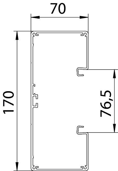 Rysunek techniczny profilu prostokątnego z wymiarami: szerokość 70 mm, wysokość 170 mm, dodatkowy występ 76,5 mm.