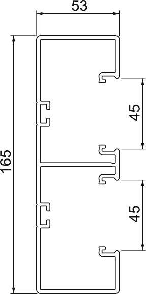 Rysunek techniczny profilu z wymiarami: wysokość całkowita 165 mm, szerokość 53 mm, dwa wewnętrzne odcinki o wysokości 45 mm każdy.