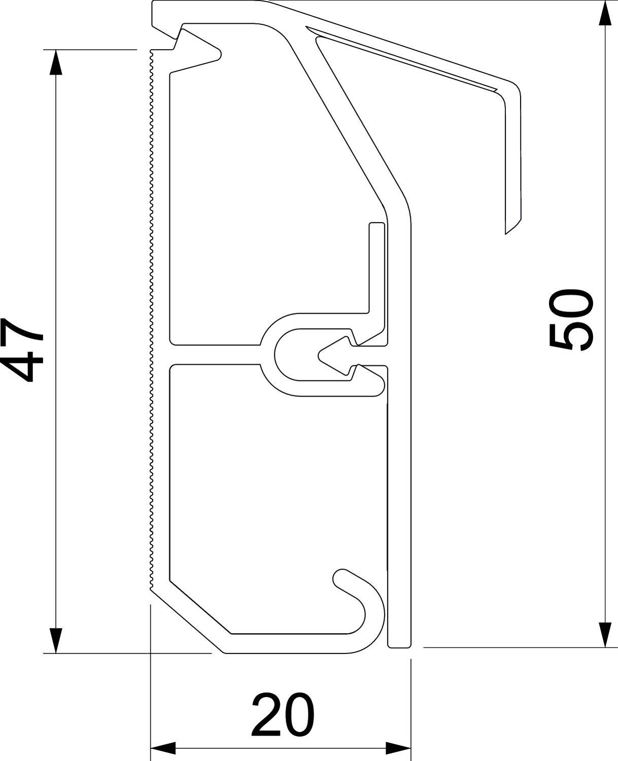 Widok z profilu metalowego profilu z wymiarami: szerokość 20 mm, wysokość 47 mm i 50 mm. Przedstawia złożoną strukturę wewnętrzną.