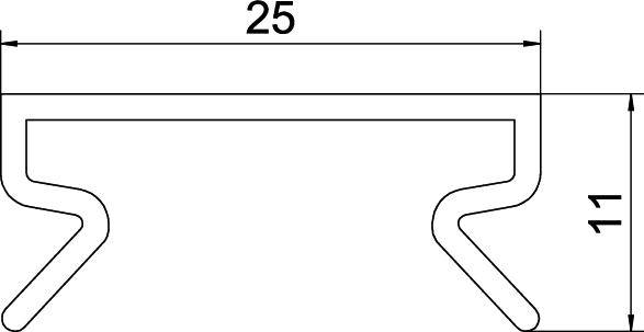 Przekrój poprzeczny listwy profilowej: szerokość 25 mm, wysokość 11 mm, ukazujący kształt z zakrzywionymi do wewnątrz bokami.