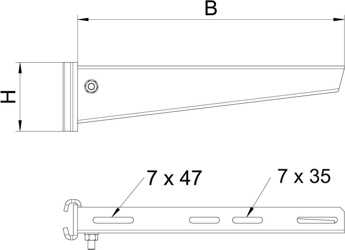 Rysunek techniczny metalowego kątownika z otworami. Podane są wymiary B i H; otwory są oznaczone jako '7 x 47' i '7 x 35'.