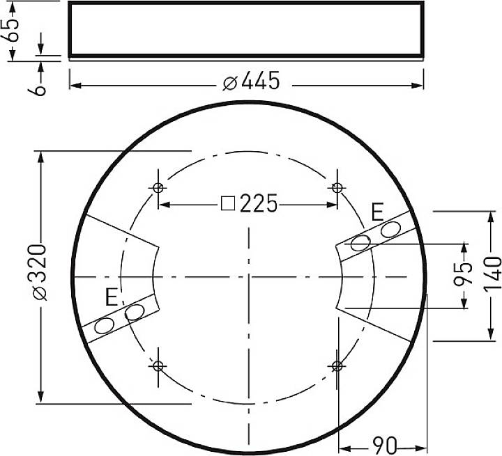 Rysunek techniczny cylindra z przekrojem osiowym. Średnica 445 mm, wysokość 65 mm, szczegóły punktów mocowania oznaczone literą E.