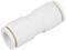 Biały plastikowy łącznik rurowy, cylindryczny z dwoma zaokrąglonymi końcami. Służy do bezpiecznego połączenia dwóch rur.