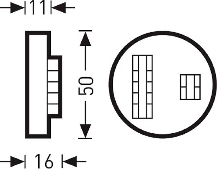 Rysunek techniczny okrągłej tarczy. Średnica: 111 mm. Wysokość: 50 mm. Grubość: 16 mm. Siatka wewnętrzna obecna.