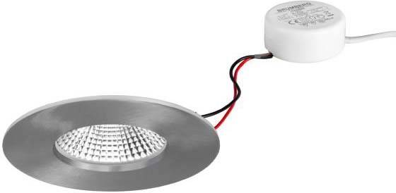 Płaska lampa LED w okrągłej metalowej obudowie, do której podłączone są dwa przewody. Odpowiednia do płaskiego montażu sufitowego.