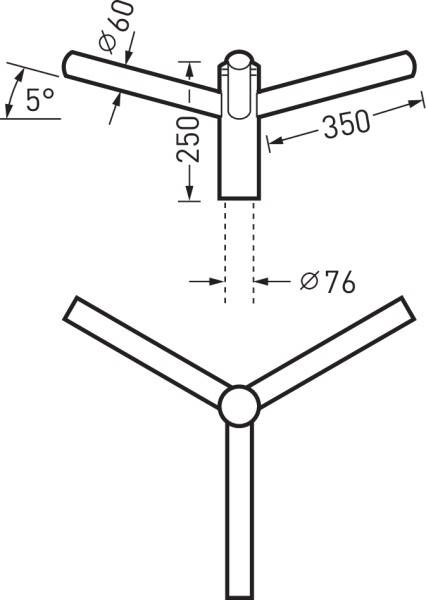 Diagram przewodu w kształcie litery Y: Dwa boczne ramiona pod kątem 5 stopni, wymiary długości i średnicy: 350, 250, 76 mm.