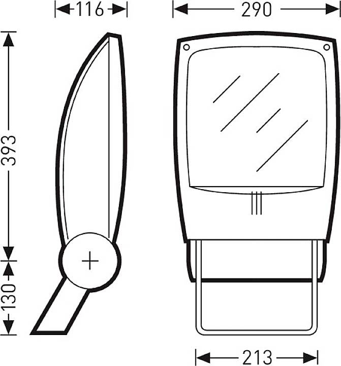 Rysunek techniczny dwóch widoków urządzenia z wymiarami: wysokość 393 mm, szerokość 290 mm. Widok z boku z elementem obrotowym.