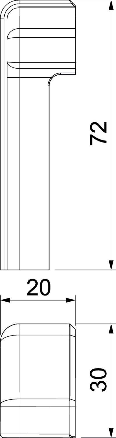 Rysunek techniczny profilu kątowego o wysokości 72 mm i szerokości 20 mm. Widok z boku przedstawia szczegóły.