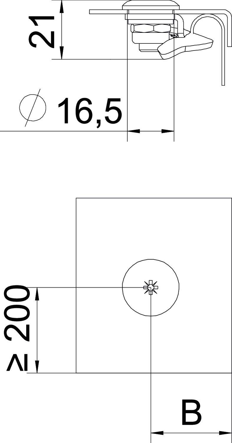 Rysunek techniczny kranu z wymiarami: średnica 16,5 mm, wysokość 21 mm. Prostokątna powierzchnia o wysokości 200 mm, oznaczona jako 'B'.