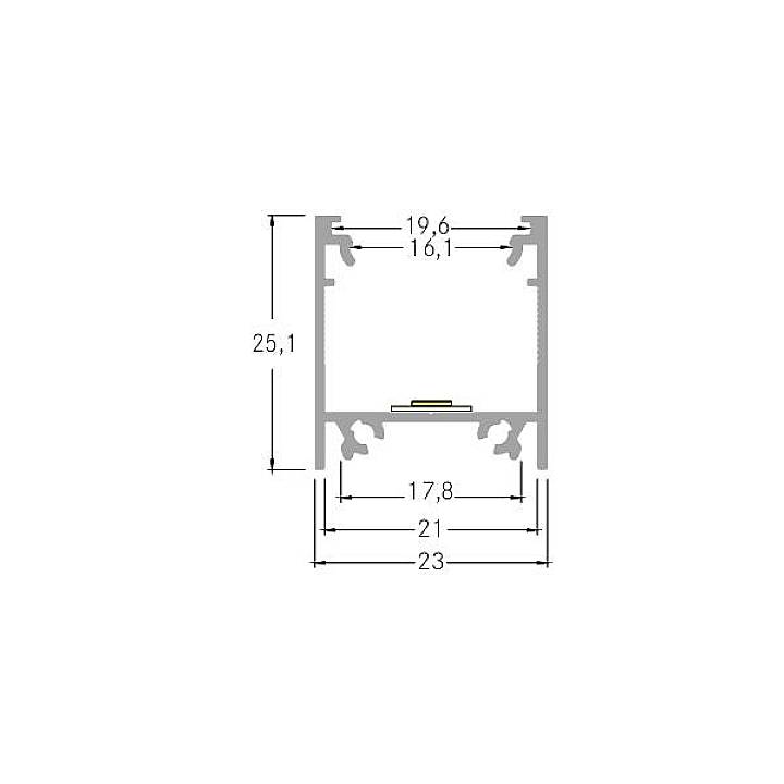 Schematyczny rysunek przekroju profilu aluminiowego z wymiarami: 25,1 mm wysokości, 19,6 mm szerokości. Pozostałe wymiary: 17,8 mm, 21 mm, 23 mm.