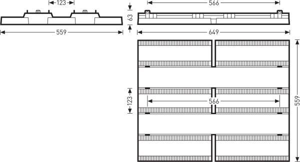 Rysunek techniczny prostokątnej kraty z wymiarami: szerokość całkowita 649 mm, wysokość 63 mm, sześć pól po 566 x 123 mm.