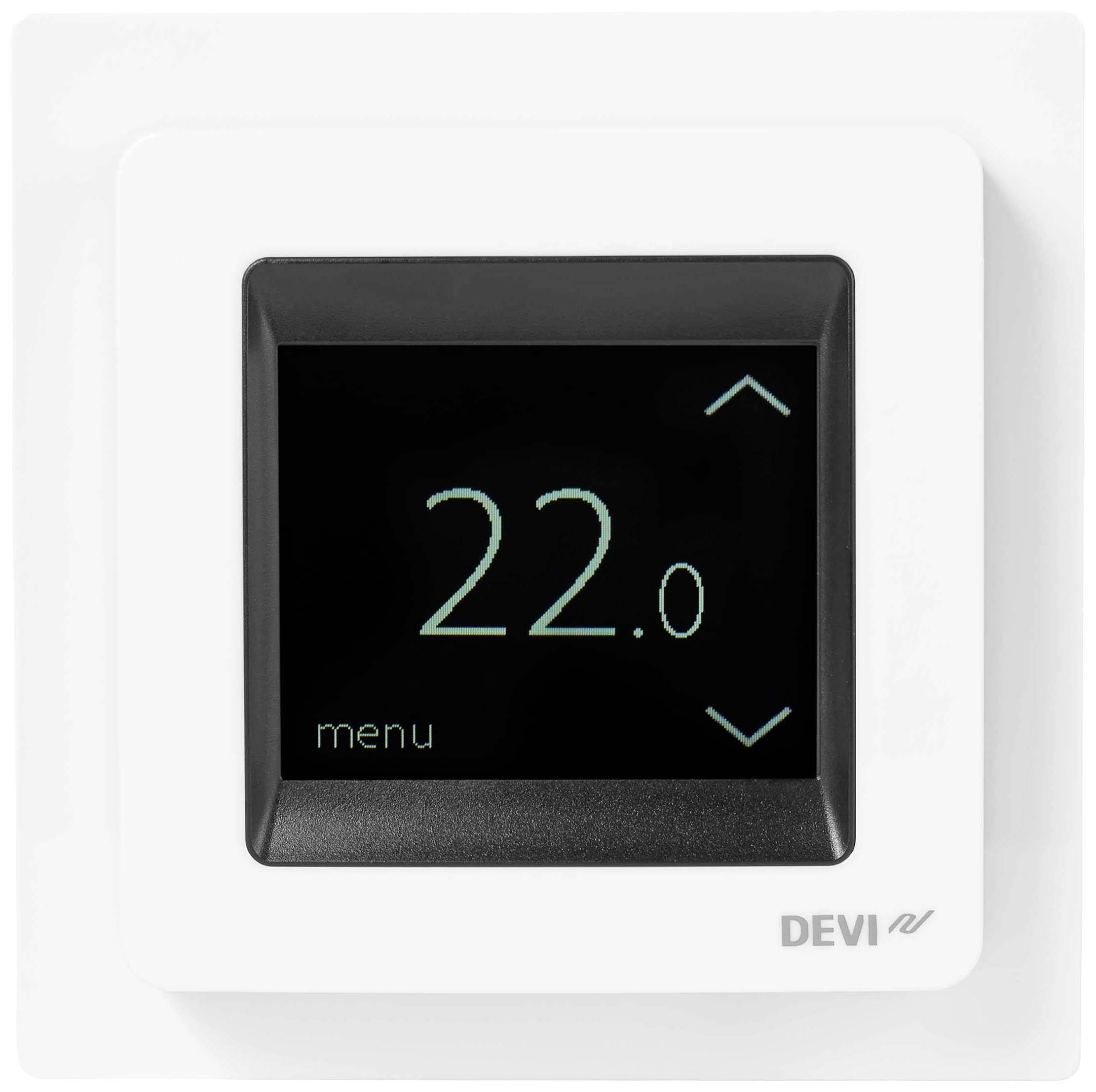 Cyfrowy termostat wyświetla temperaturę '22.0' stopni. Znajdują się na nim strzałki w górę i w dół do regulacji temperatury.