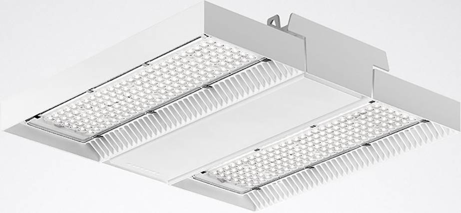 Lampa sufitowa LED z dwoma podświetlanymi panelami w prostokątnej obudowie, odpowiednia do nowoczesnego oświetlenia wnętrz.