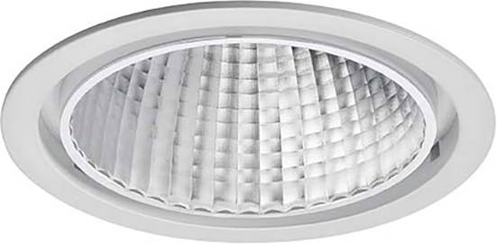 Okrągła lampa sufitowa z teksturowanym, refleksyjnym wnętrzem w białej obudowie. Idealna do nowoczesnych wnętrz.