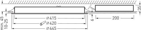 Rysunek techniczny lampy sufitowej. Podane są następujące wymiary: średnica lampy 415-445 mm, odległość od sufitu 35 mm, długość połączenia 200 mm.