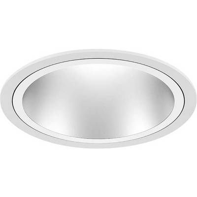 Okrągła, srebrna lampa sufitowa z białą ramką, wpuszczona w sufit.