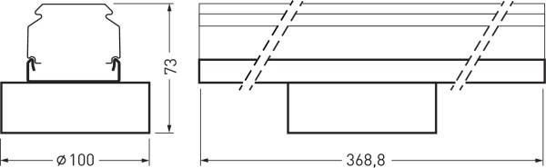 Rysunek techniczny lampy o wymiarach: średnica 100 mm, wysokość 73 mm, szerokość 368,8 mm. Przedstawia widok z boku i z góry.