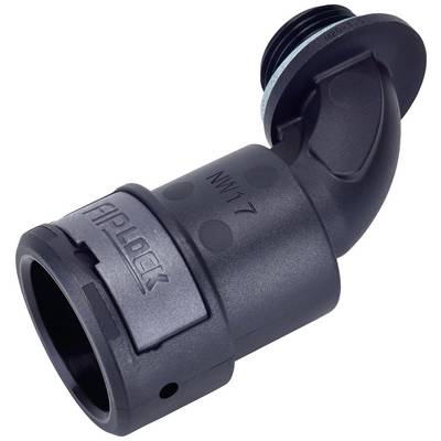 Czarny plastikowy adapter kątowy do łączenia rur. Na produkcie wydrukowana nazwa 'APLOCK' oraz rozmiar 'NW17'.