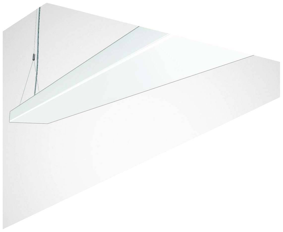 Nowoczesna, trójkątna lampa wisząca o przezroczystym, minimalistycznym designie, zawieszona na dwóch kablach, na białym tle.