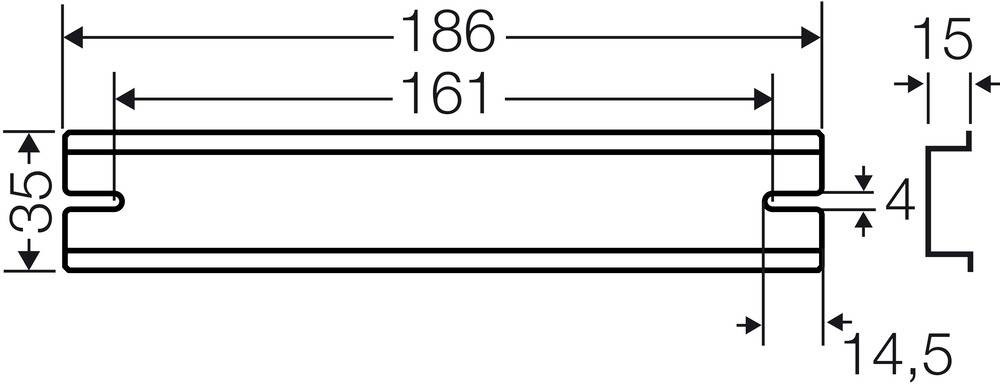 Szkic planu budowy: Obiekt prostokątny o całkowitej długości 186 mm, szerokości 35 mm, wymiarze wewnętrznym 161 mm. Krawędź: 15 mm oraz 4 mm głębokości.