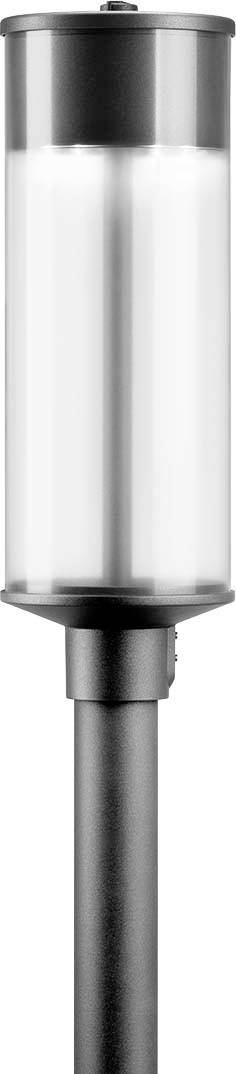Srebrna lampa LED z cylindryczną obudową szklaną, zamontowana na metalowym słupie, odpowiednia do oświetlenia zewnętrznego.