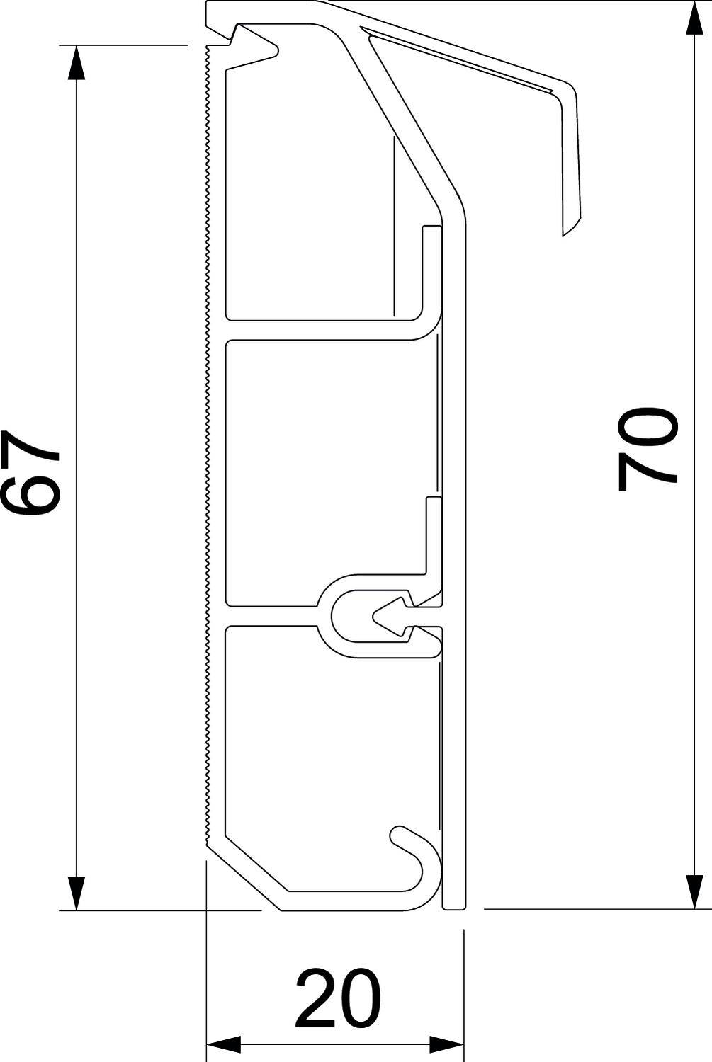 Przekrój poprzeczny elementu strukturalnego. Wymiary: wysokość 70 mm, szerokość 20 mm. Ukazuje komory wewnętrzne oraz kontury do analizy technicznej.