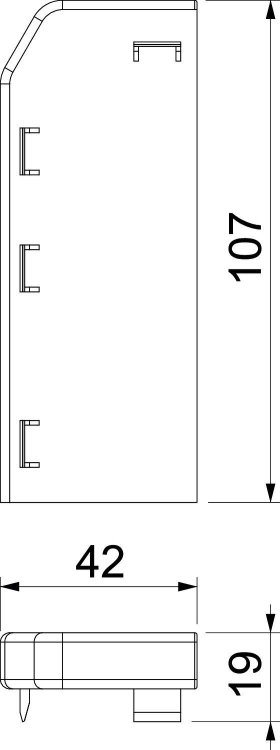 Rysunek techniczny przedstawiający widok boczny prostokątnego urządzenia o wymiarach 107 cm wysokości i 42 cm szerokości.