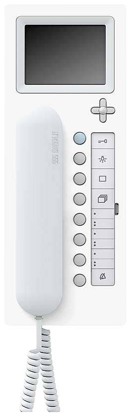 Białe urządzenie interkomowe z ekranem, słuchawką, rzędem przycisków i regulatorem głośności. Zamontowane na ścienie do celów komunikacyjnych.