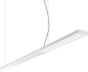 Biała, prostokątna lampa wisząca z dwoma kablami zwisającymi z sufitu. Minimalistyczny design do nowoczesnych wnętrz.