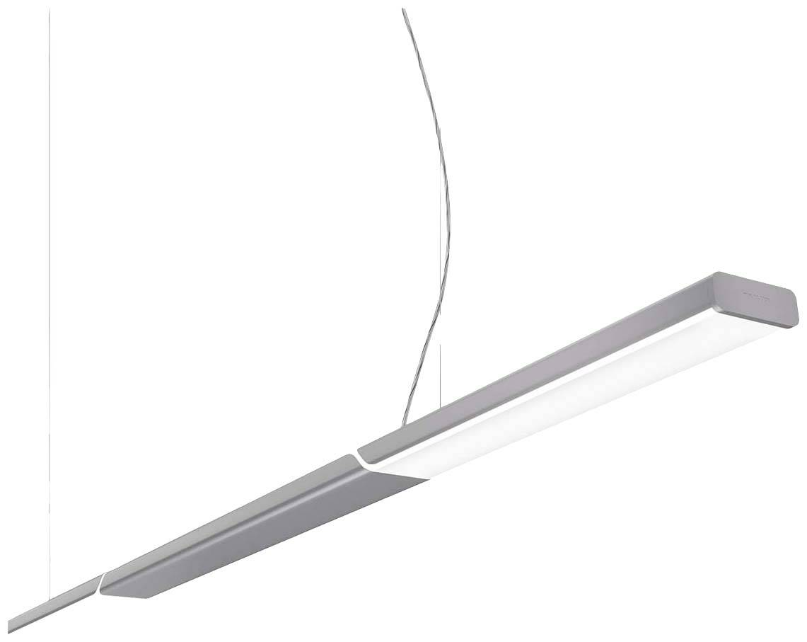 Smukła, nowoczesna lampa wisząca z metalową obudową i listwą LED, zawieszona na dwóch cienkich kablach. Idealna do oświetlenia biura lub przestrzeni mieszkalnej.