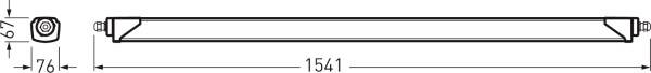 Rysunek techniczny świetlówki, długość 1541 mm, średnica 76 mm, podstawa pokazana w widoku z góry.