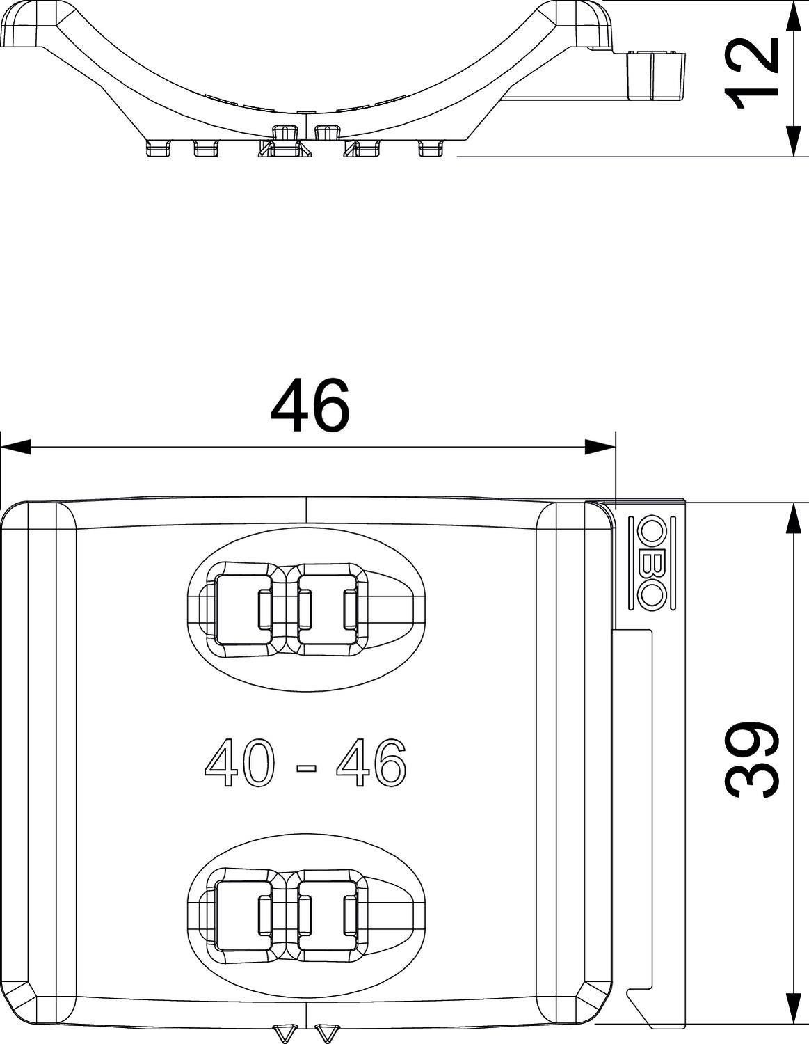 Rysunek przedstawia rysunek techniczny zacisku o wymiarach: szerokość 46 mm, wysokość 39 mm oraz widok z boku o grubości 12 mm.