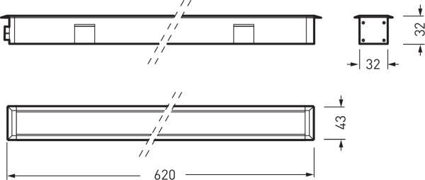 Rysunek techniczny obudowy prostokątnej z wymiarami: długość 620 mm, szerokość 32 mm, wysokość 43 mm. Widok z boku i widok końcowy.