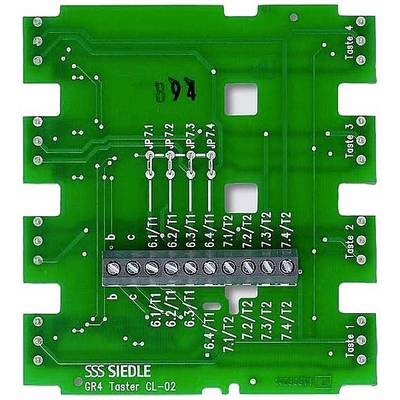 Zielona płytka elektroniczna, oznaczona napisem 'SSS SIEDLE GR4 Taster CL-02', z wieloma złączami i przyciskami.