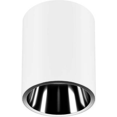 Biała, cylindryczna lampa sufitowa z błyszczącym, metalicznym kloszem wewnętrznym. Idealna do nowoczesnych wnętrz.