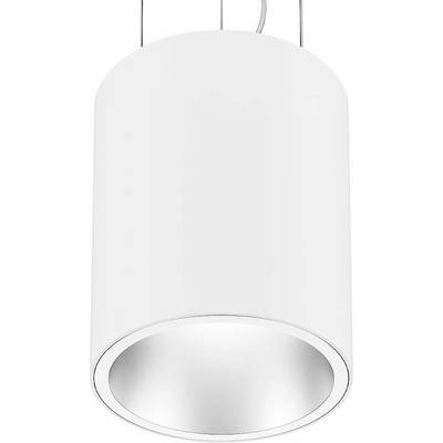 Cylindryczna, biała lampa sufitowa o minimalistycznym designie, zawieszona na linkach, idealna do nowoczesnych wnętrz.