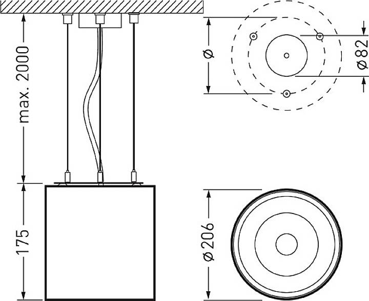 Rysunek techniczny okrągłej lampy sufitowej. Wymiary: maksymalnie 2000 mm wysokości, 175 mm wysokości oprawy, średnica 82 mm i 206 mm.
