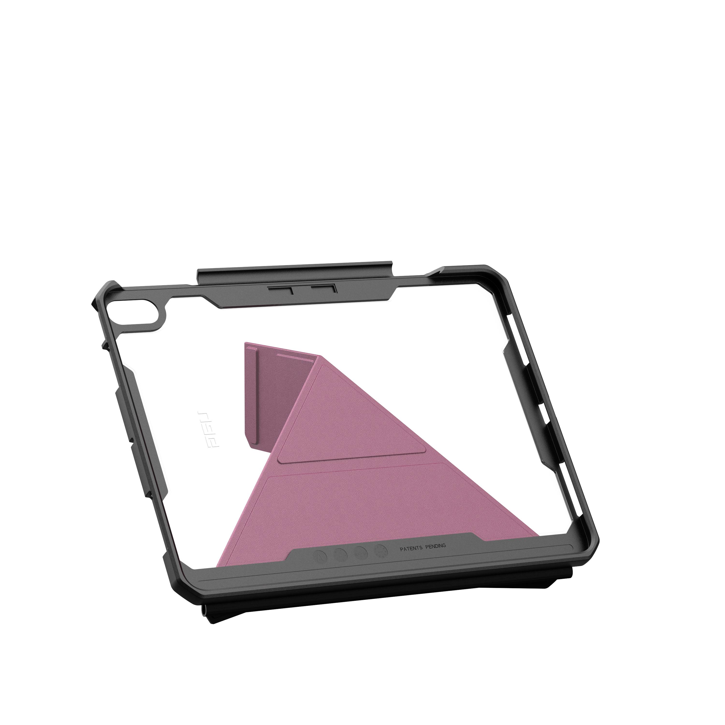 Czarna obudowa tabletu z zintegrowanym różowym stojakiem, który utrzymuje urządzenie pod odpowiednim kątem.