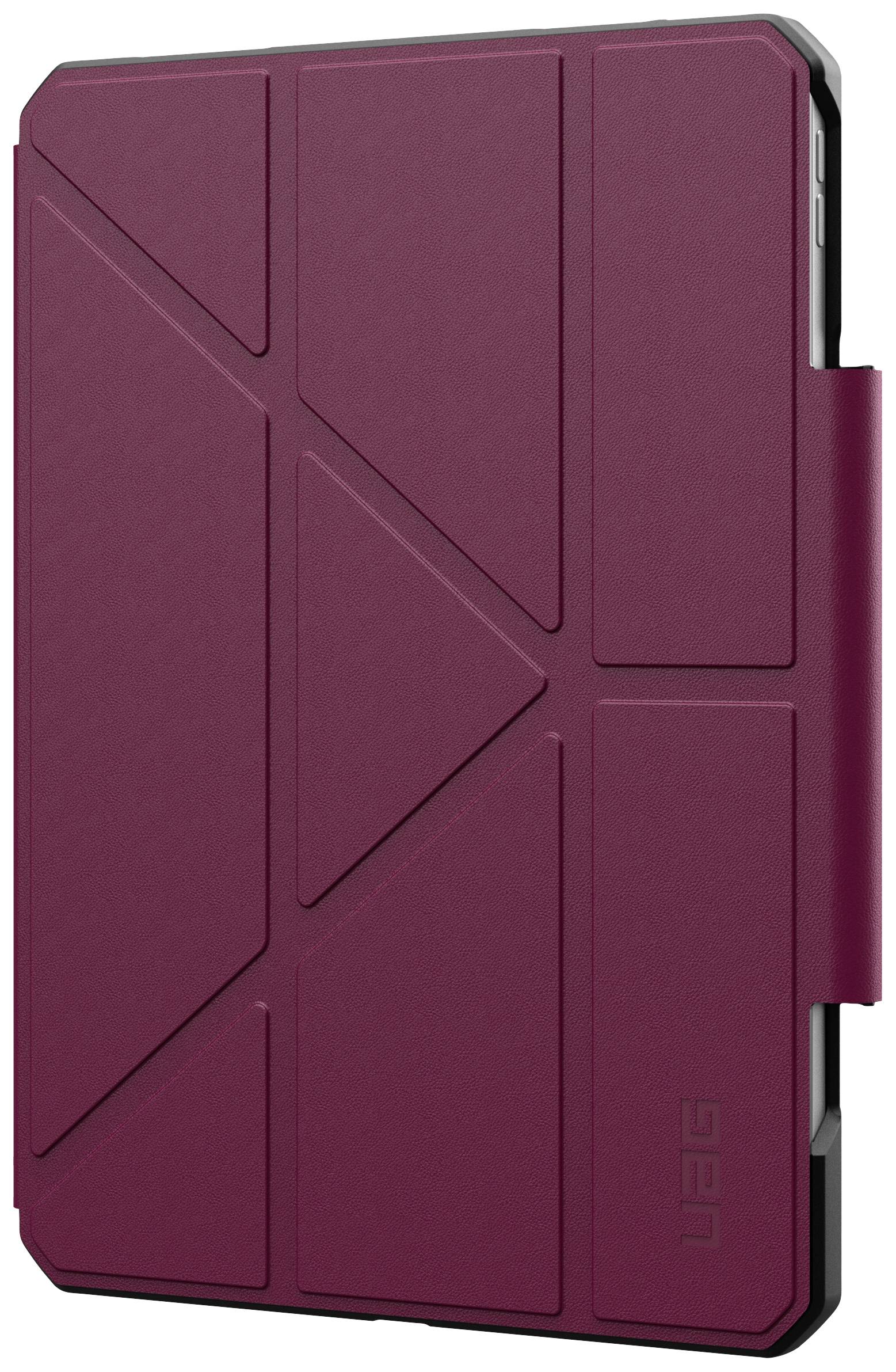 Czerwone etui na tablet z geometrycznym wzorem, wzmocnionymi narożnikami i klapką zamykającą, zapewniające ochronę urządzeniu.