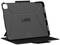 Czarna obudowa ochronna UAG dla tabletu, otwarta, o strukturowanej powierzchni z funkcją podstawki.