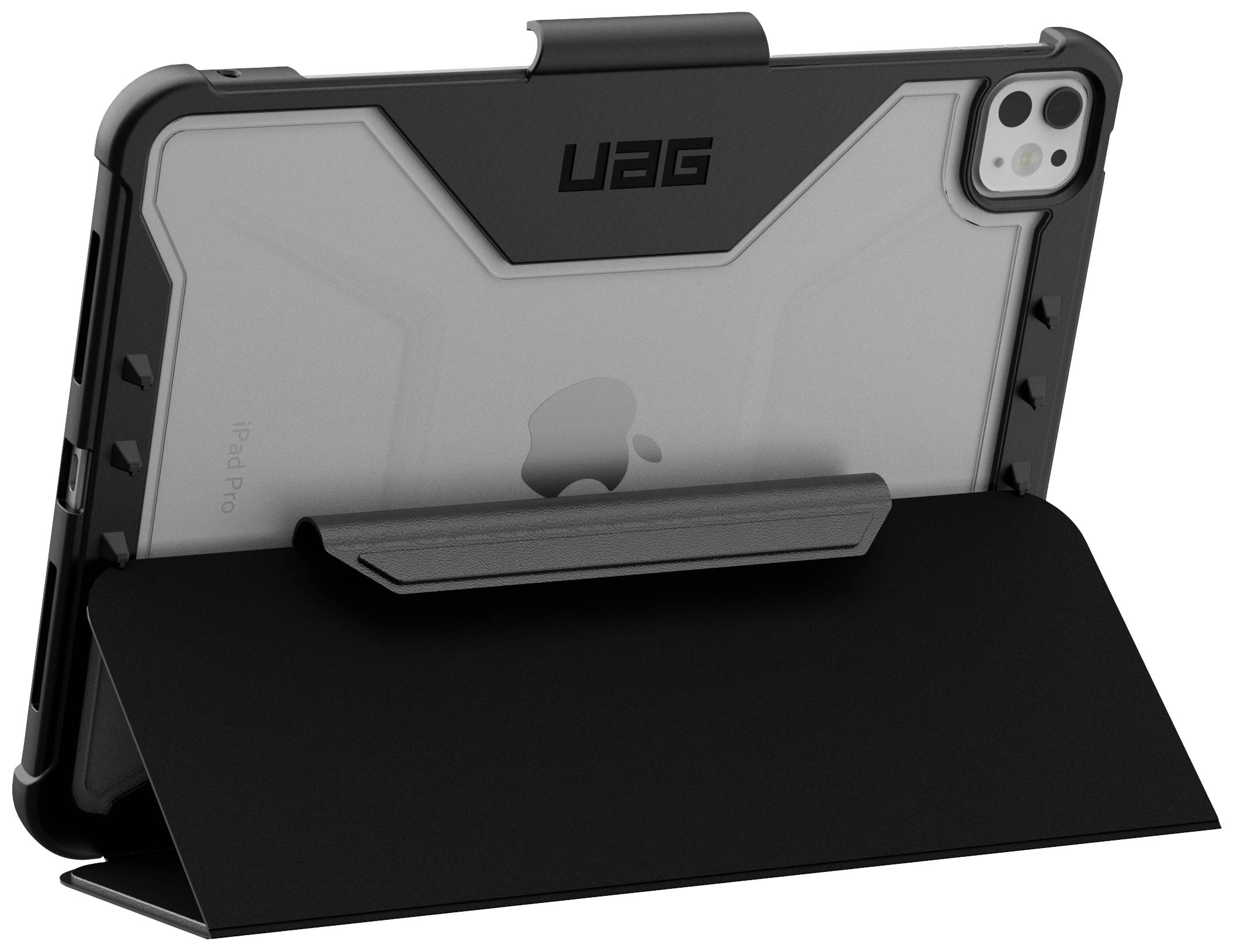 Tablet w czarnym etui, ustawiony w orientacji poziomej. Widoczny logo marki na tylnej obudowie. Aparat i podstawka wyeksponowane.