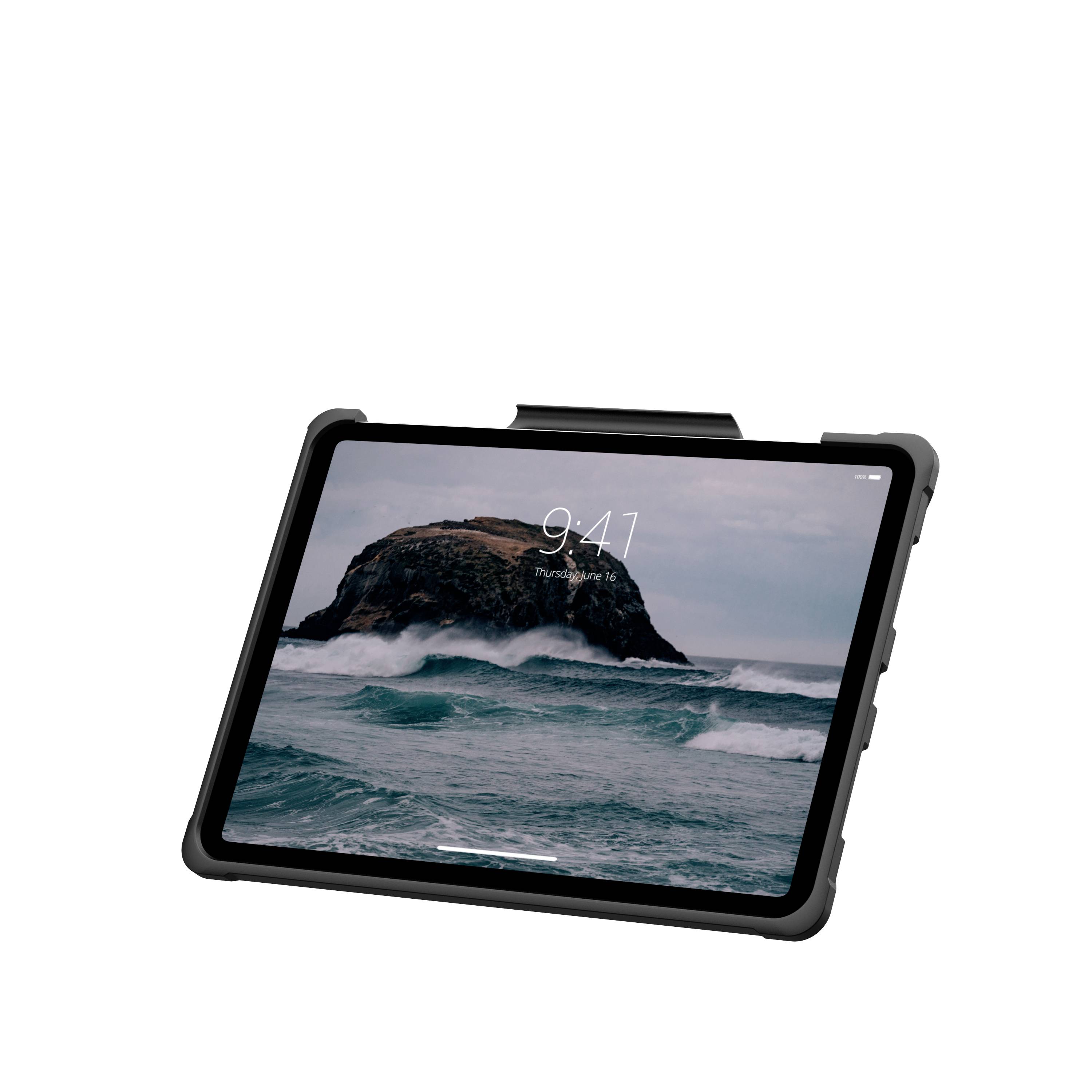 Tablet z obrazem fal i skały na ekranie. Wyświetlacz pokazuje godzinę 9:41.