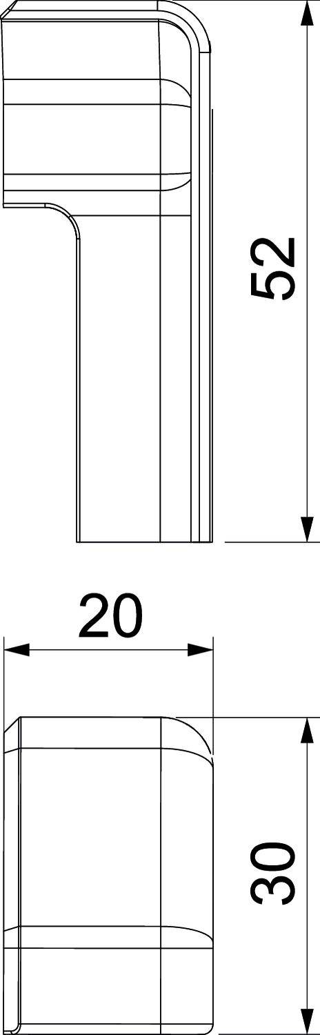 Rysunek techniczny elementu z widokiem z boku i z przodu. Wymiary: 52 jednostki wysokości, 20 i 30 jednostek szerokości.