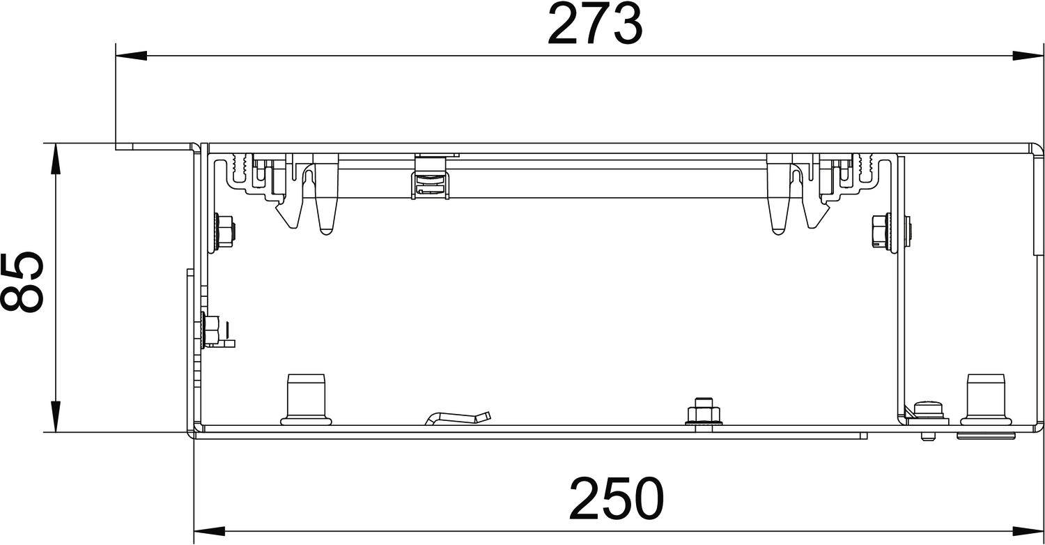 Rysunek techniczny prostokątnego elementu. Wymiary: szerokość 273 mm, wysokość 85 mm, długość wewnętrzna 250 mm. Przedstawia otwory i mocowania.