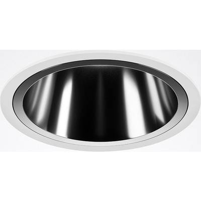 Lampa sufitowa w prostej białej ramie, z czarnym, błyszczącym wnętrzem.